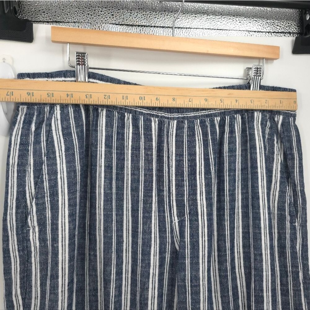 Old Navy Linen Cotton Wide Leg Pants Striped Pull-On Pockets Blue White Large - Picture 13 of 14